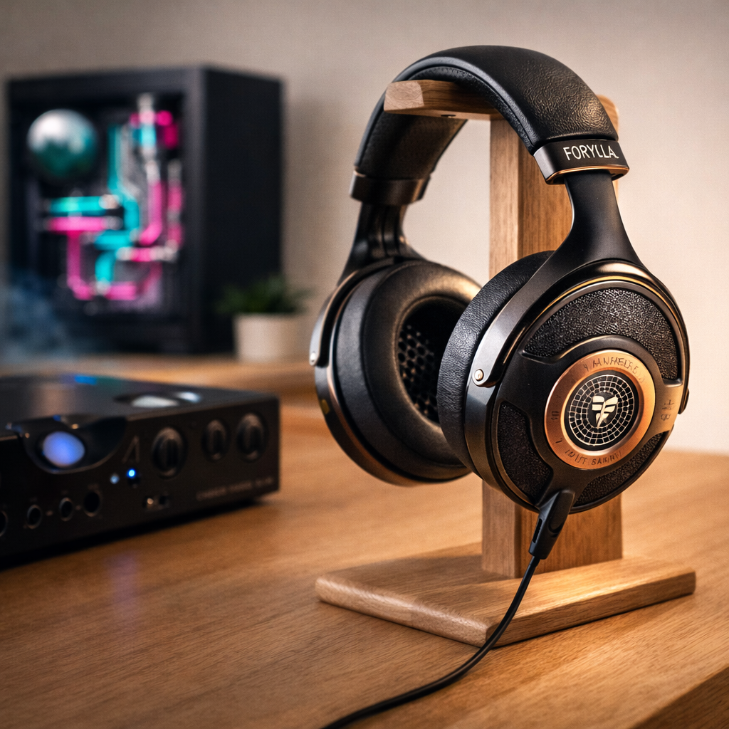 Focal Utopia open-back audiophile headphones with beryllium drivers on a solid oak stand next to Chord Hugo TT 2 DAC