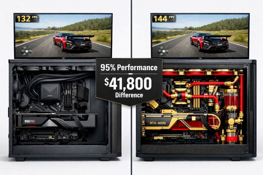 High-end PC custom water cooling setup showing push-pull radiator fans, hardline tubing, and pump reservoir