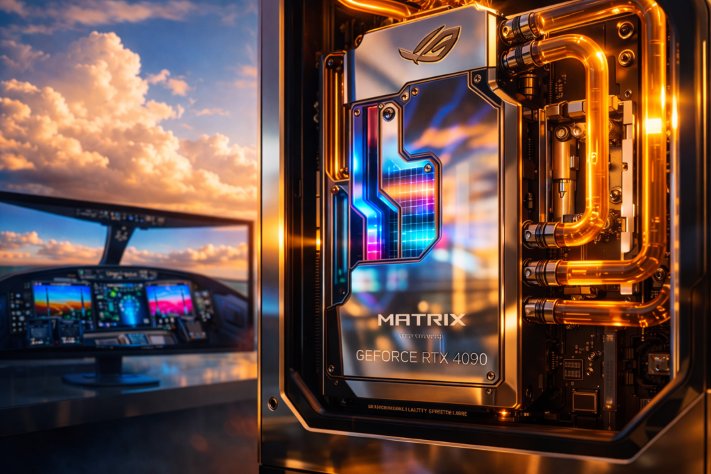 ASUS ROG Matrix RTX 4090 installed in Singularity Spectre case with custom watercooling loop, illuminated by Flight Simulator 2024 golden hour lighting reflecting off platinum PVD coating and amber coolant lines