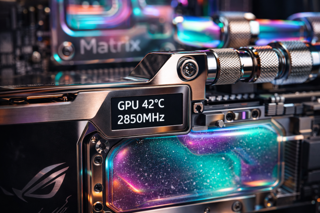 ASUS ROG Matrix RTX 4090 GPU block LCD screen showing temperatures and clock speeds