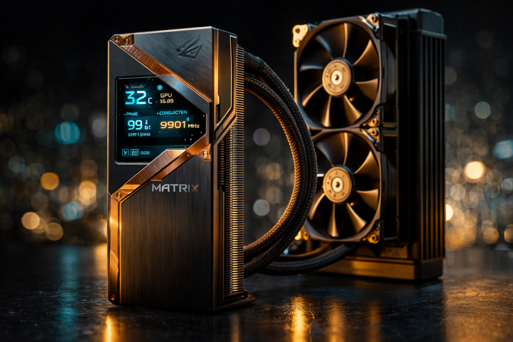 ASUS ROG Matrix RTX 4090 Platinum hybrid graphics card showing 360mm radiator and LCD display