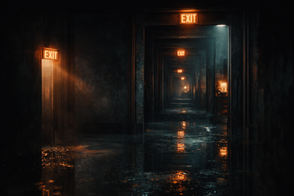 Alan Wake 2's Dark Place rendered at 4K with full path tracing, showing recursive corridor geometry and emergency amber lighting that mirrors the PC build's aesthetic theme