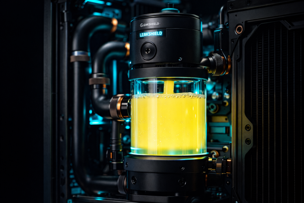  Aquacomputer Ultitube D5 Pro pump with Leakshield and pastel yellow coolant in custom loop