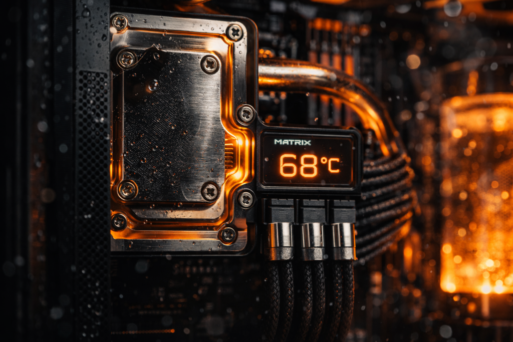 ASUS ROG Matrix Platinum RTX 4090 vertical GPU mount with liquid metal TIM and copper cold plate visible
