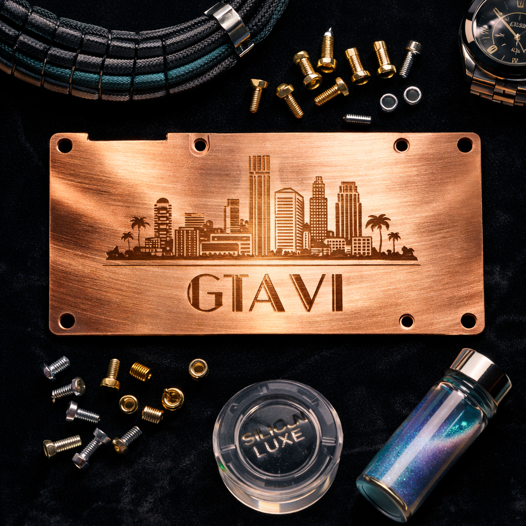 Custom laser-engraved copper GPU backplate with gold-plated screws and luxury PC modding accessories