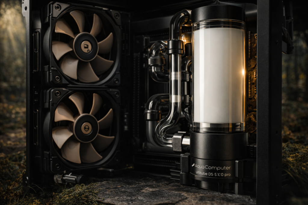 Custom watercooling loop with Aquacomputer Ultitube D5 Pro pump, Hardware Labs radiators, and white pastel coolant in minimalist black and white build