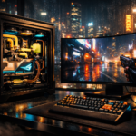 Cinematic night-time scene of a luxury gaming setup in a Tokyo penthouse: a vertically oriented, hematite-black custom water-cooled PC with exposed copper tubing and glowing pastel yellow coolant sits on a carbon-fiber desk beside a curved OLED monitor showing neon, rain-soaked Cyberpunk 2077 gameplay. Cyan and amber RGB lighting illuminates the GPU and interior components, while a black mechanical keyboard rests in the foreground and the rain-covered Tokyo skyline glows through floor-to-ceiling windows behind, creating a moody cyberpunk atmosphere.