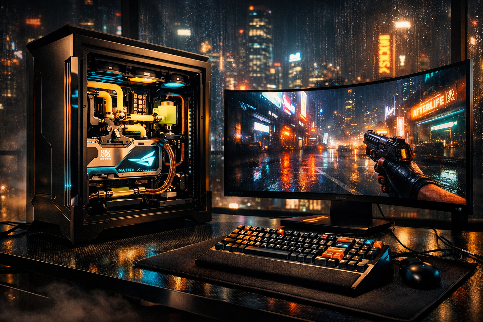 Cinematic night-time scene of a luxury gaming setup in a Tokyo penthouse: a vertically oriented, hematite-black custom water-cooled PC with exposed copper tubing and glowing pastel yellow coolant sits on a carbon-fiber desk beside a curved OLED monitor showing neon, rain-soaked Cyberpunk 2077 gameplay. Cyan and amber RGB lighting illuminates the GPU and interior components, while a black mechanical keyboard rests in the foreground and the rain-covered Tokyo skyline glows through floor-to-ceiling windows behind, creating a moody cyberpunk atmosphere.