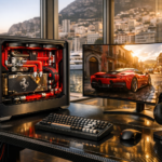 Ultra-luxury custom water-cooled gaming PC with red hardline liquid cooling on a carbon-fiber desk in a Monaco marina penthouse, paired with a curved OLED monitor displaying Forza Horizon 5 Ferrari gameplay at golden hour.