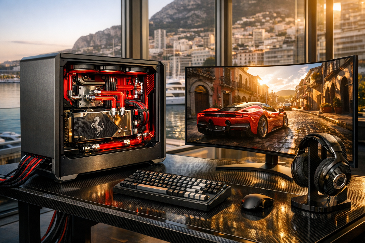 Ultra-luxury custom water-cooled gaming PC with red hardline liquid cooling on a carbon-fiber desk in a Monaco marina penthouse, paired with a curved OLED monitor displaying Forza Horizon 5 Ferrari gameplay at golden hour.