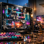 Ultra-wide cinematic hero image of a $50,000 custom water-cooled gaming PC in a luxury penthouse, featuring a Singularity Spectre 3.0 case with a glowing teal-purple liquid cooling loop and a Vice City diorama inside the GPU block. In the foreground, a colorful mechanical keyboard with a chrome GTA 6 logo keycap sits in soft god rays, while a blurred OLED monitor shows GTA 6 gameplay. Neon city lights reflect off glass, chrome, and marble surfaces, creating a moody cyberpunk, neon-noir atmosphere.