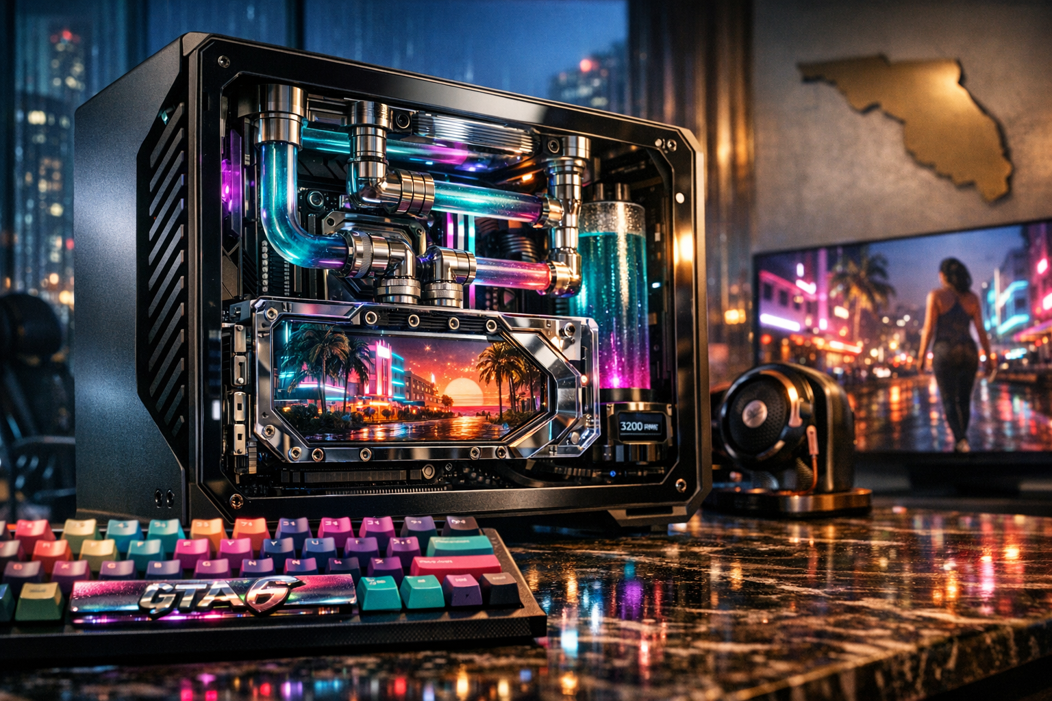 Ultra-wide cinematic hero image of a $50,000 custom water-cooled gaming PC in a luxury penthouse, featuring a Singularity Spectre 3.0 case with a glowing teal-purple liquid cooling loop and a Vice City diorama inside the GPU block. In the foreground, a colorful mechanical keyboard with a chrome GTA 6 logo keycap sits in soft god rays, while a blurred OLED monitor shows GTA 6 gameplay. Neon city lights reflect off glass, chrome, and marble surfaces, creating a moody cyberpunk, neon-noir atmosphere.