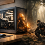 Ultra-premium gaming PC build featuring the Singularity Spectre 3.0 case with custom loop, floating in an ethereal Black Myth: Wukong forest environment, emerald moss greens and warm amber firelight reflecting off nickel-plated fittings, minimalist Scandinavian design aesthetic, volumetric fog, 8K photorealistic, cinematic composition, color palette: forest green #2F4F3F, burnt orange #CD853F, matte black #0D0D0D, birch white #E8DCCA --ar 2:3 --v 6.0