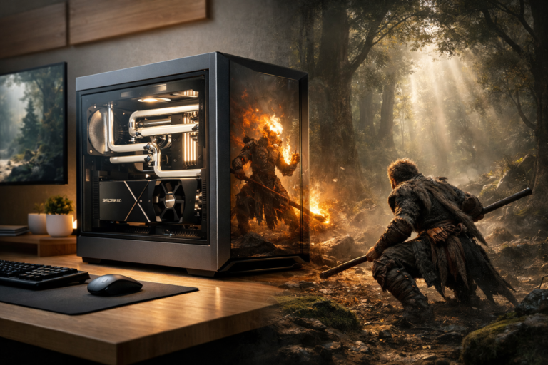 Ultra-premium gaming PC build featuring the Singularity Spectre 3.0 case with custom loop, floating in an ethereal Black Myth: Wukong forest environment, emerald moss greens and warm amber firelight reflecting off nickel-plated fittings, minimalist Scandinavian design aesthetic, volumetric fog, 8K photorealistic, cinematic composition, color palette: forest green #2F4F3F, burnt orange #CD853F, matte black #0D0D0D, birch white #E8DCCA --ar 2:3 --v 6.0