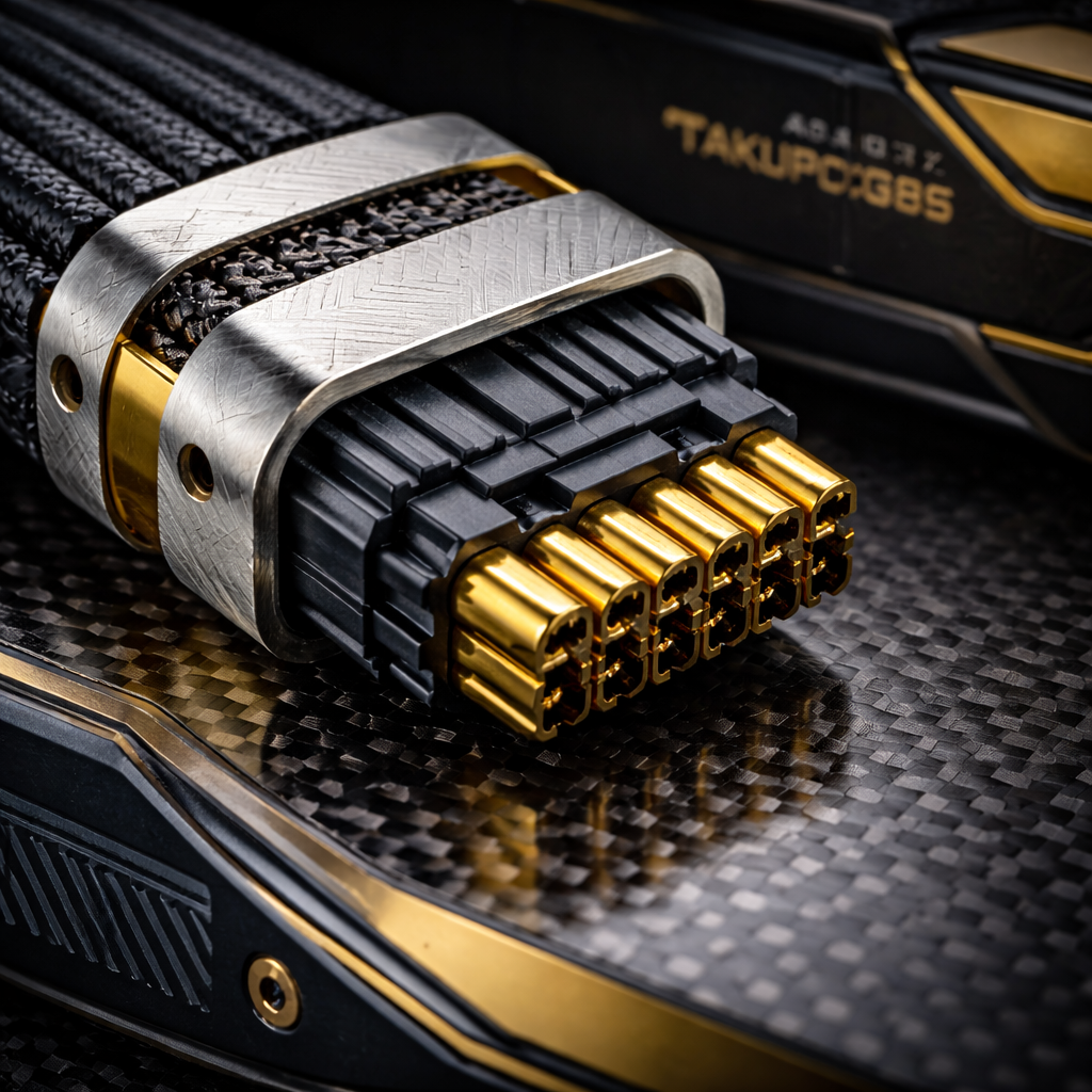 Gold-plated custom 12VHPWR cable with TechFlex sleeving and aluminum cable combs