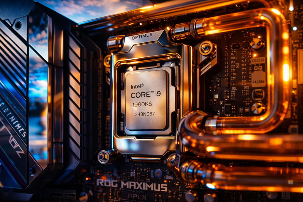 Intel Core i9-14900KS CPU with Optimus Absolute water block mounted on ROG Maximus motherboard, bathed in Flight Simulator cockpit cyan lighting and amber coolant tubing
