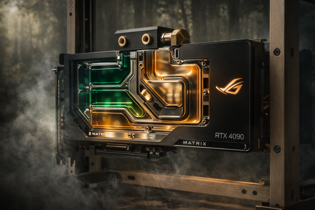 ASUS ROG Matrix RTX 4090 with EK-Quantum waterblock installed in Singularity Spectre case, illuminated by warm amber lighting reflecting off nickel-plated copper