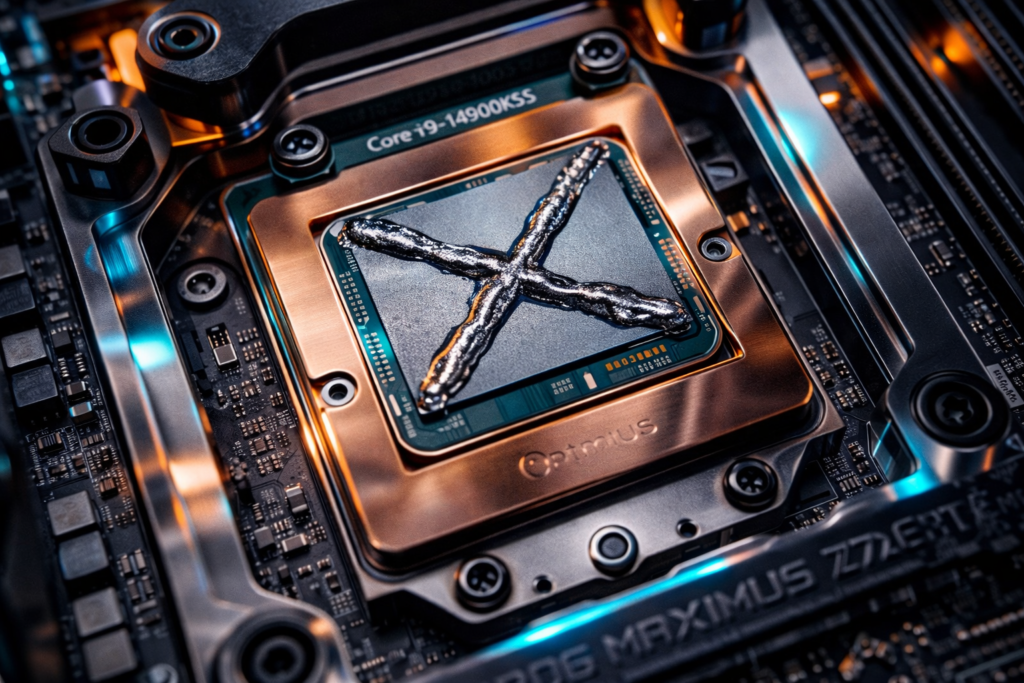 Delidded Intel Core i9-14900KS with direct die cooling and Optimus Absolute water block
