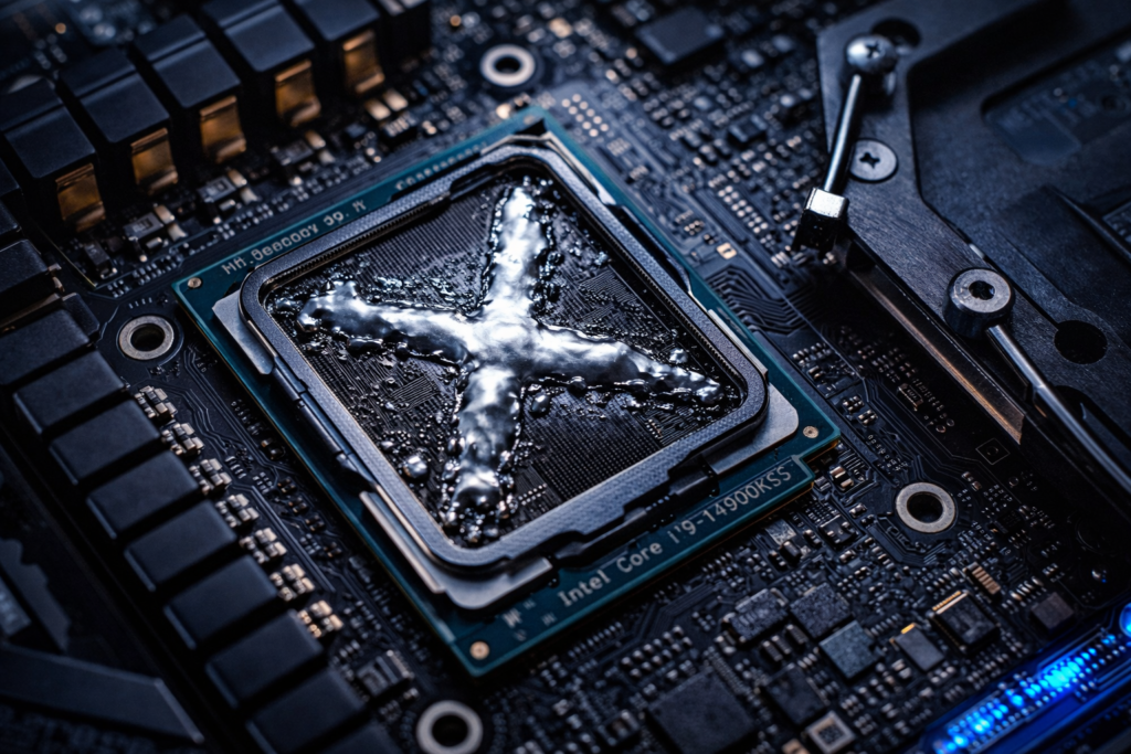 Intel Core i9-14900KS processor with delidded die showing liquid metal thermal paste application
