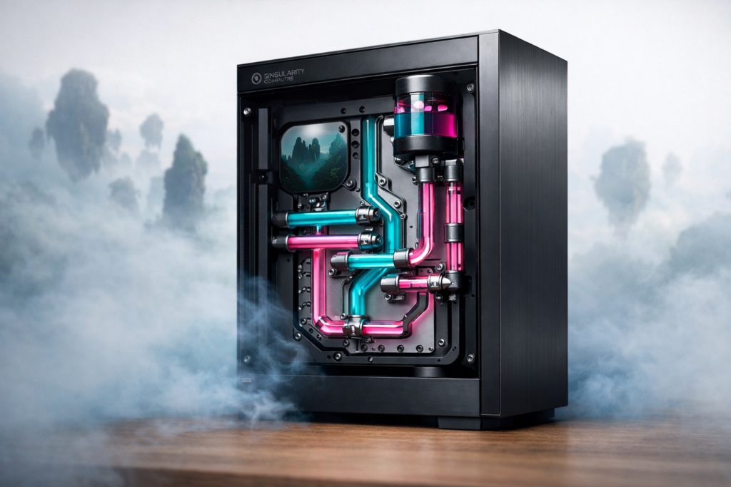 The $50,000 Avatar Frontiers of Pandora dream PC build featuring a Singularity Computers case with custom watercooling loop, minimalist Scandinavian design with teal and pink bioluminescent lighting accents
