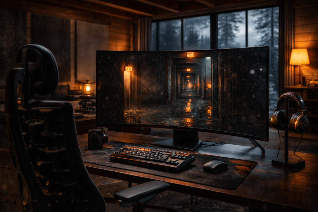 LG 45-inch OLED 240Hz gaming monitor showing Alan Wake 2 path tracing with Herman Miller Embody chair and Focal Utopia headphones