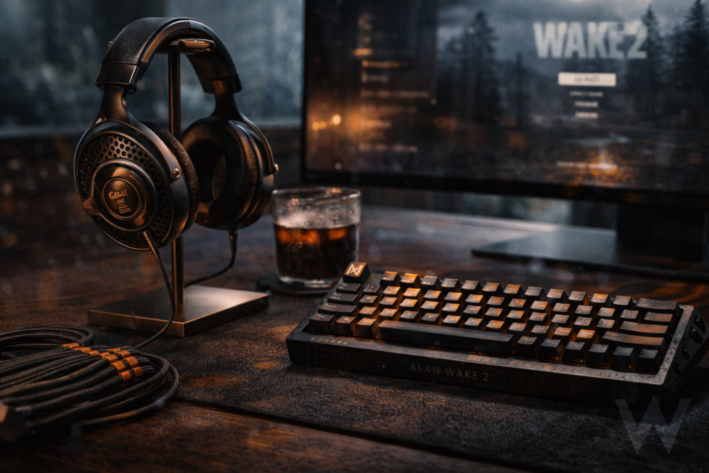 Focal Utopia headphones and Angry Miao Cyberboard keyboard with custom Alan Wake 2 keycap on carbon fiber desk