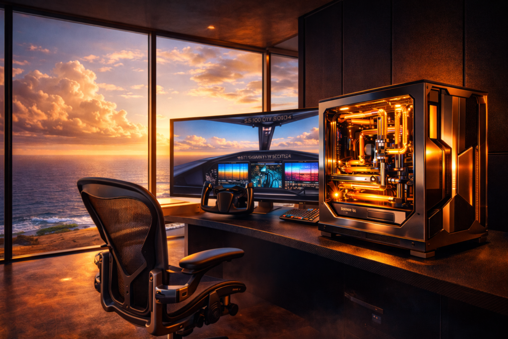 Complete $50,000 Flight Simulator 2024 dream PC setup with Singularity Spectre case and 57-inch curved display, bathed in golden hour amber lighting matching the game's sunset skybox and azure cloudscape
