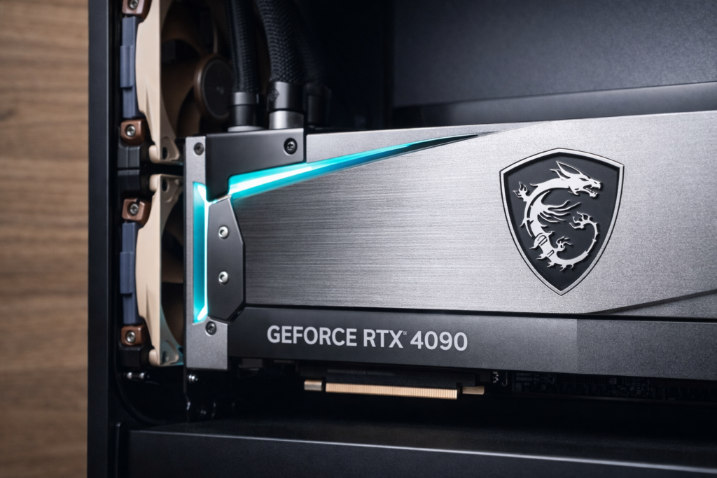 Aquacomputer D5 pump with EK-Quantum waterblock and Hardware Labs radiator showing custom watercooling loop components for high-end gaming PC build