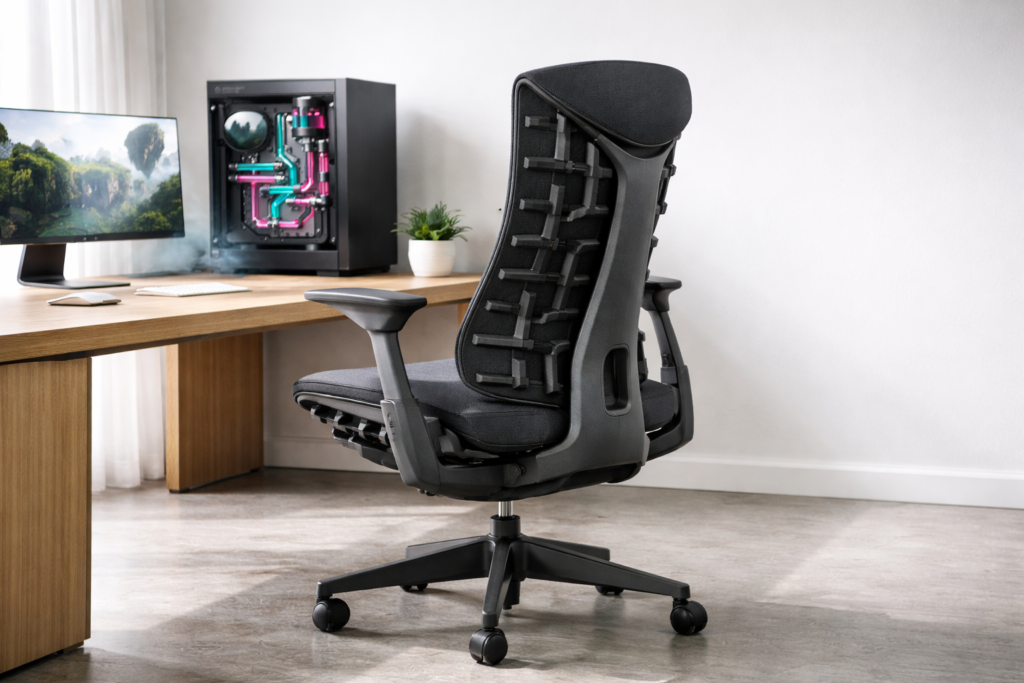 Herman Miller Embody ergonomic chair in charcoal upholstery at a minimalist Scandinavian gaming desk setup with high-end PC build