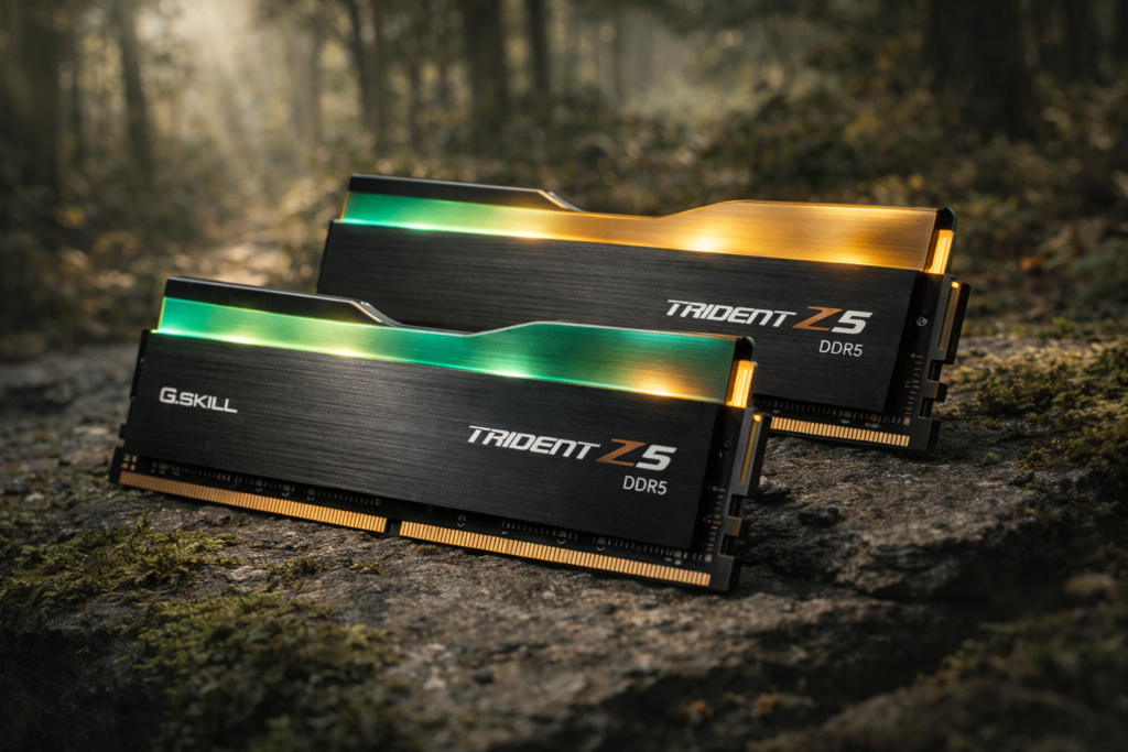 G.Skill Trident Z5 RGB DDR5-7600 memory modules with matte black heatspreaders in Nordic white themed build