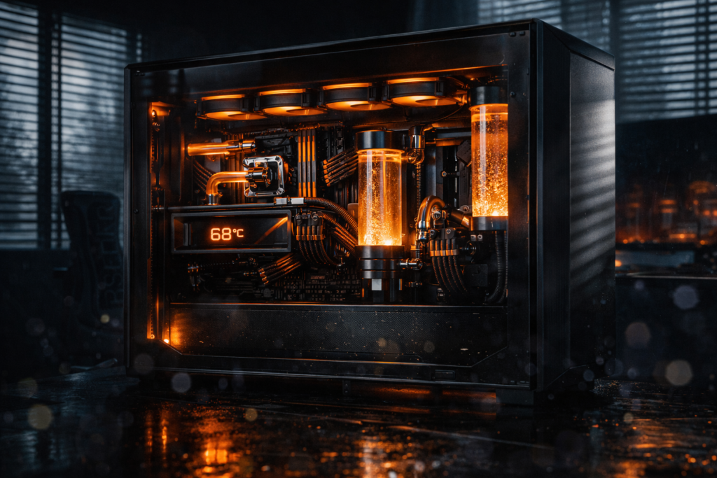 Singularity Computers Spectre 3.0 custom watercooled PC build with Aquacomputer D5 pump and amber lighting