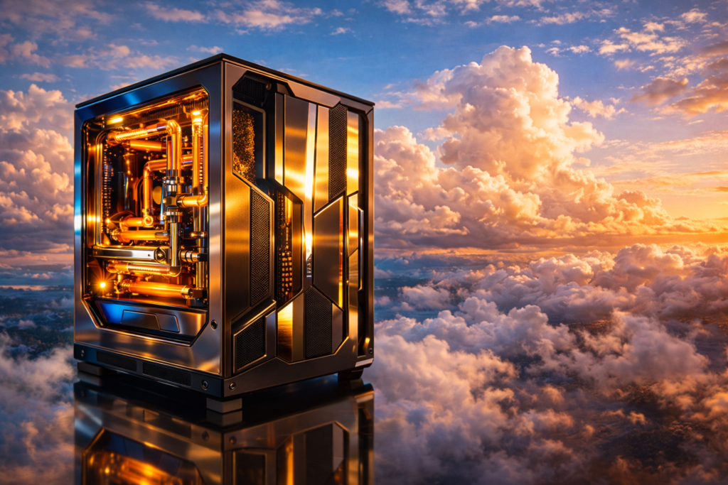 Singularity Computers Spectre 3.0 case with Space Station aesthetic featuring brushed aluminum and copper radiators, backlit by Flight Simulator 2024 golden hour sky and azure cloudscape