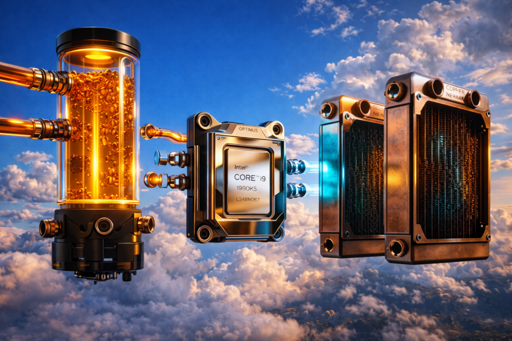 Custom watercooling components including Aquacomputer D5 pump and copper radiators arranged against Flight Simulator 2024 azure sky background with golden hour lighting