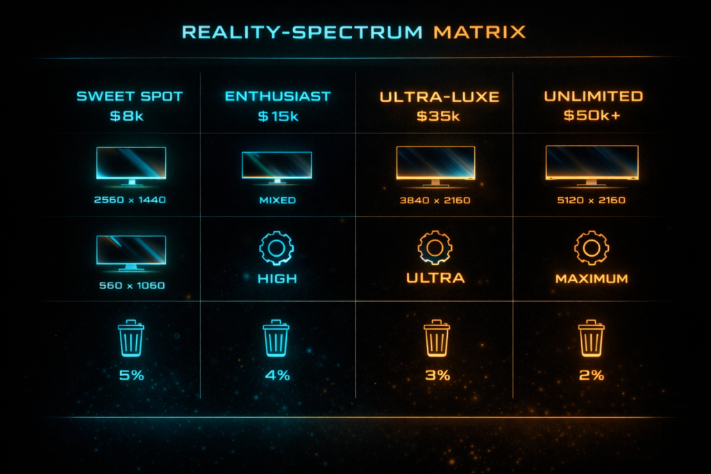 Cyberpunk 2077 PC build comparison chart showing Sweet Spot to Unlimited budget tiers