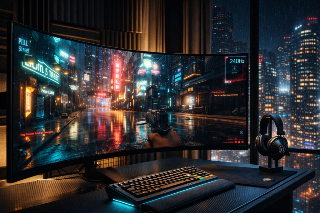  LG 45GR95QE 45-inch OLED 240Hz monitor displaying Cyberpunk 2077 with HDR1000 and curved immersion